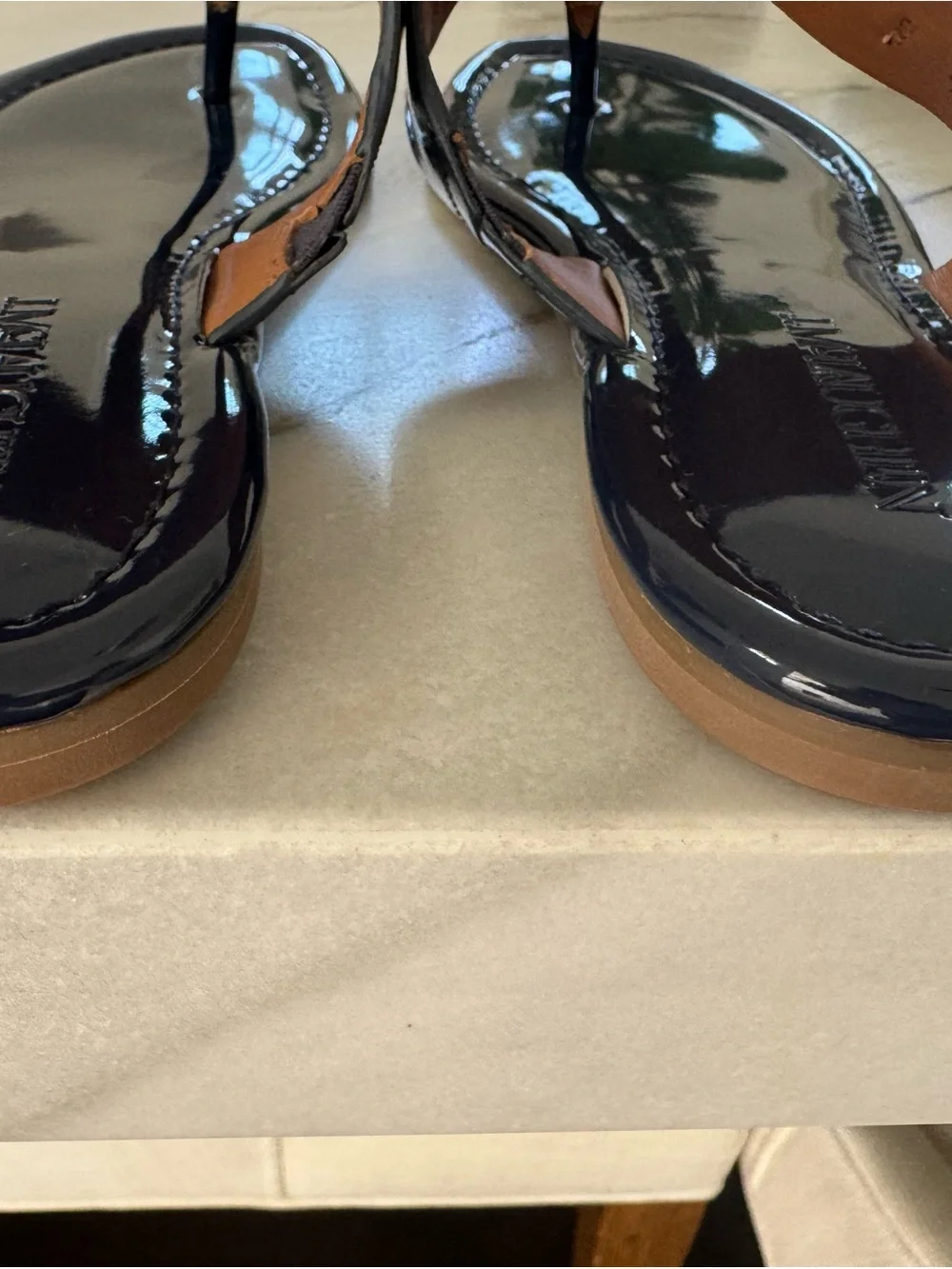 J. McLaughlin NEW Blue Patent Bamboo & Gold Accent Thong Sandals Size 8